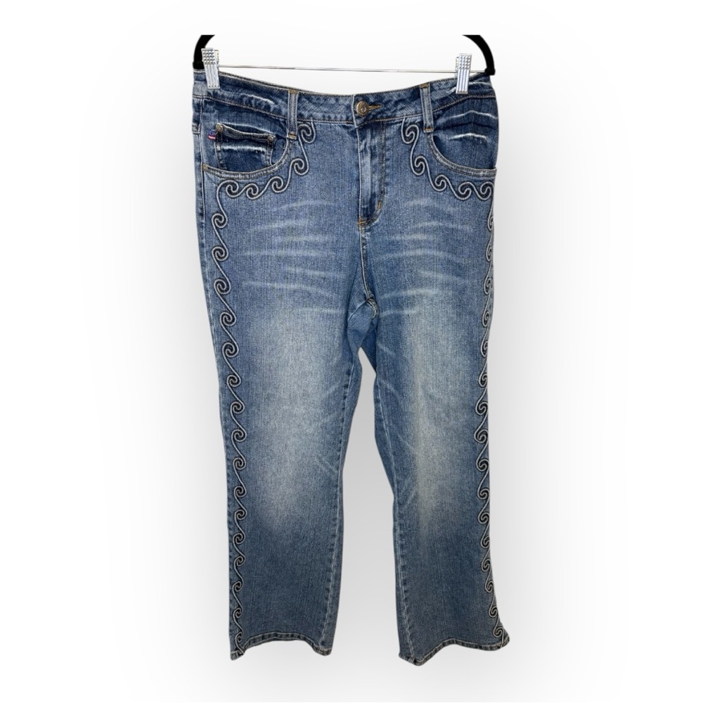 American Blues Embroidered Jeans Straight Leg Mid Rise Y2K Scroll Denim Size 14